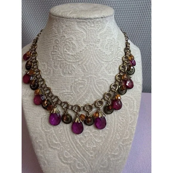 Avon Necklace Purple Glass Teardrop Bib Brass Tone 18 In Women Statement Jewelry - Picture 2 of 10